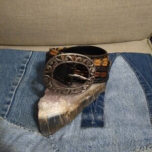 Brighton Multistrand Leather Belt- Tan Brown Black Silver Filigree Buckle sz. 34